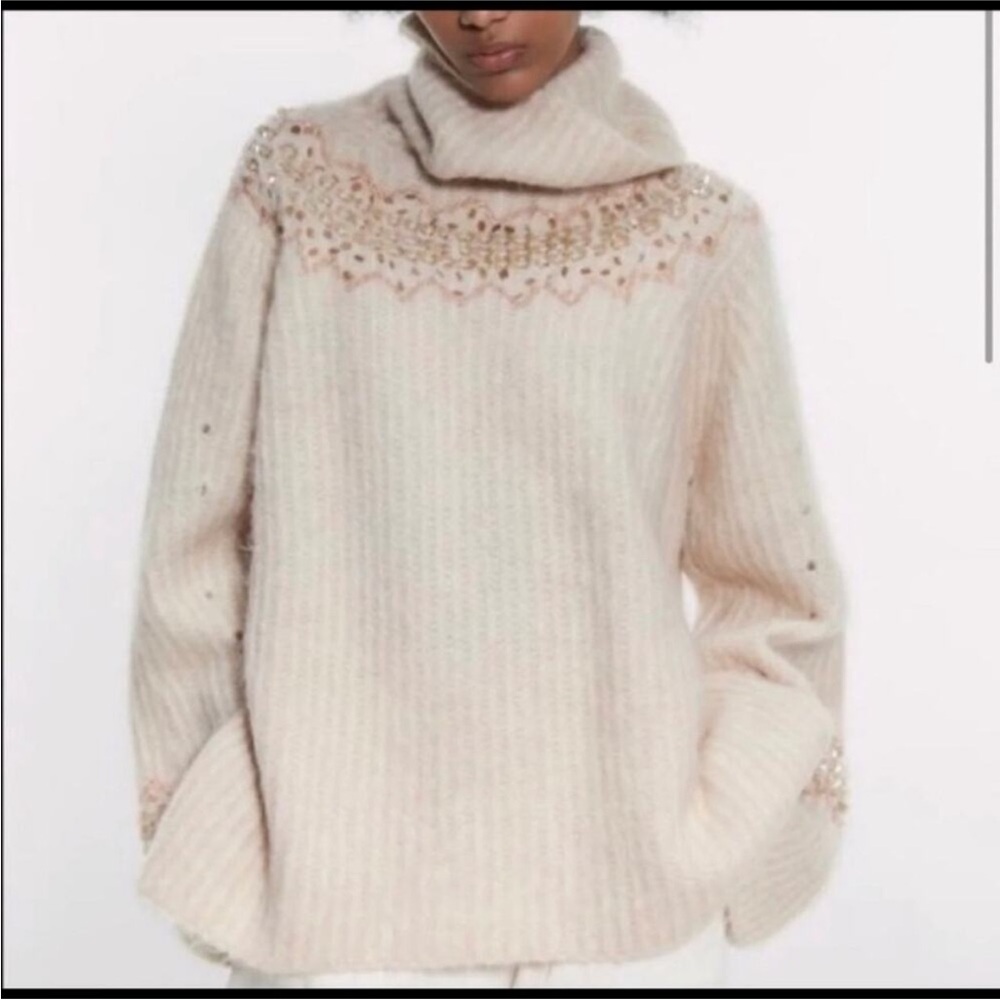 Zara Elegant Beige oversized Turtleneck Sweater w/ sequins Embellishments